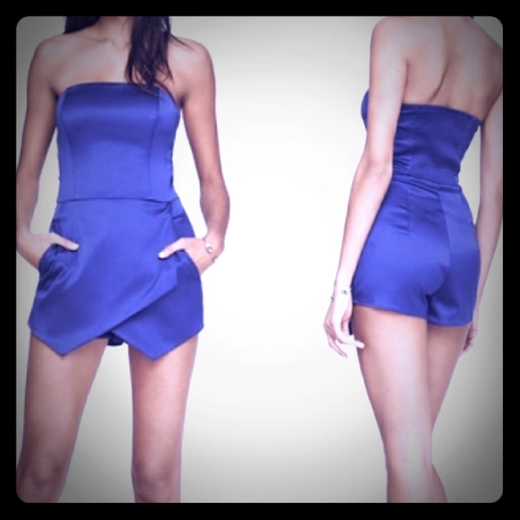 Express Pants - NWT Express Blue Satin Strapless Skort Romper